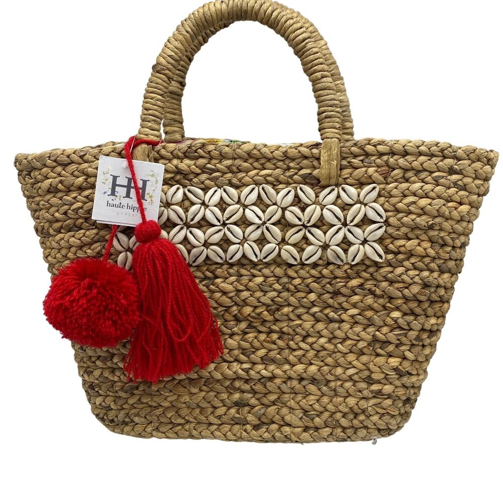 Haute Hippie Straw sea shell purse beach tote bag NEW flamingo liner tassels
